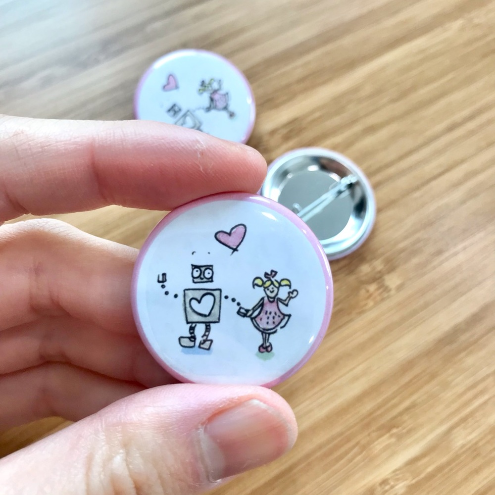 Adorable robot + girl pin back buttons (sold in sets of 5, 10, 20)
